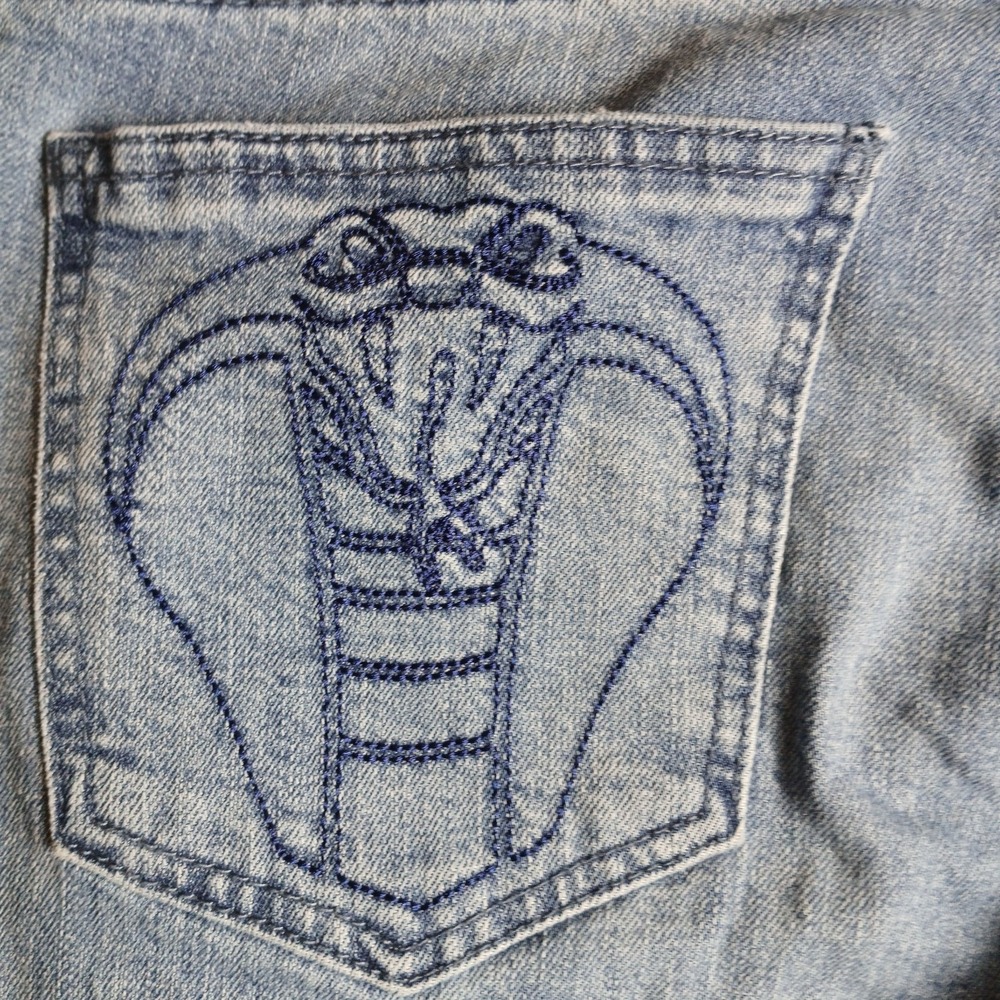 Broken Promises Distressed Mens 32x29 Straight Blue Snake Cobra Rose Jeans JA128 - Picture 14 of 15